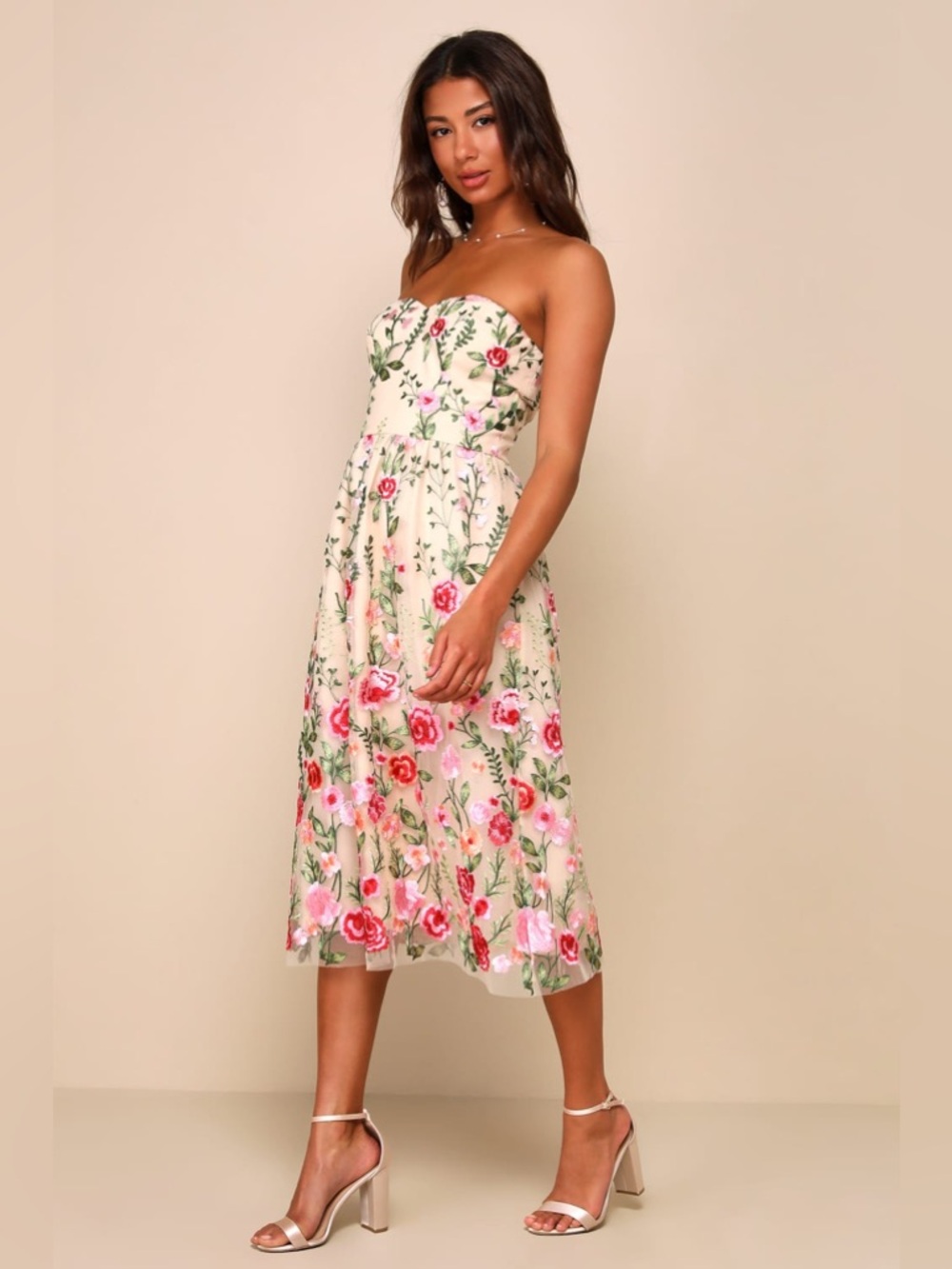 Lulu's Cream Strapless Midi Dress with Pink & Green Floral Embroidery - Picture 4 of 5